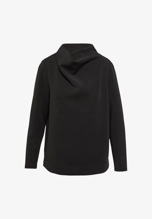 Black long-sleeve top made from soft fabric, featuring a cowl neckline and a relaxed fit. Simple design with no visible patterns or hardware.