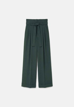Pantaloni a gamba larga verde scuro a vita alta con pieghe, orli risvoltati, tasche laterali e cintura abbinata in tessuto annodata in vita.