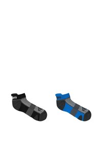 Chaussettes de sport noires et bleues, avec des accents gris. Fabriquées à partir de matériaux respirants avec un design à chevilles courtes et un talon et une pointe renforcés.