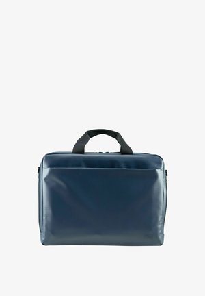 Borsa per laptop di colore navy con una finitura liscia e lucida, dotata di manico superiore e di una tasca frontale con zip per ulteriore spazio di archiviazione.