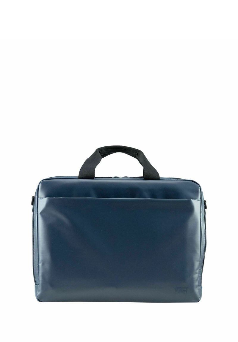 Bolsa de ordenador portátil en color marino con un acabado liso y brillante, que cuenta con un asa superior y un bolsillo frontal con cremallera para mayor almacenamiento.