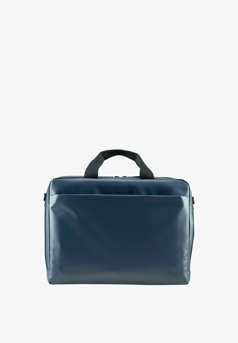 Bolsa de ordenador portátil en color marino con un acabado liso y brillante, que cuenta con un asa superior y un bolsillo frontal con cremallera para mayor almacenamiento.