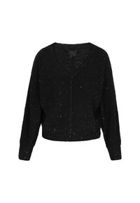 Zwarte gebreide V-hals cardigan met lange mouwen en subtiel verspreide zilveren pailletten.