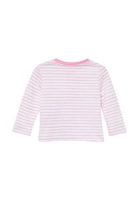 Langärmliges T-Shirt aus weißer Baumwolle mit hellrosa horizontalen Streifen. Runder Halsausschnitt mit einem pinken Rand am Kragen. Weiche Textur.
