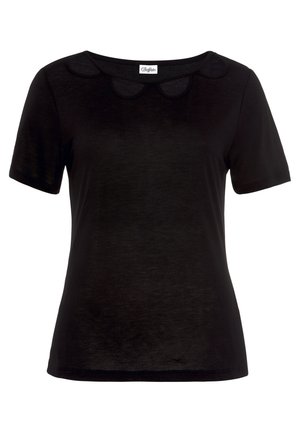 Black short-sleeve t-shirt made of lightweight material, featuring a rounded neckline with a scalloped detail around the collar.