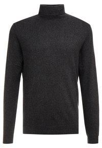 Pull à col roulé gris foncé en maille, avec manches longues, col ajusté et détails côtelés aux poignets et à l'ourlet.