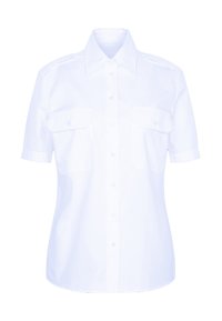 Camicetta bianca a maniche corte in tessuto, con colletto classico, chiusura con bottoni e due tasche sul petto. Texture liscia, vestibilità dritta.