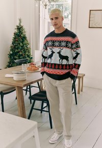 Pulover tricotat cu un design multicolor, prezentând modele cu reni, fulgi de nea și foliaj. Modelul poartă pantaloni bej și adidași albi.