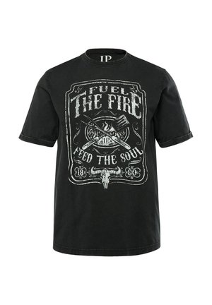 Černé bavlněné tričko s krátkými rukávy a kulatým výstřihem. Přední strana zdobená bílým grafickým textem a lebkou s dekorativními prvky.