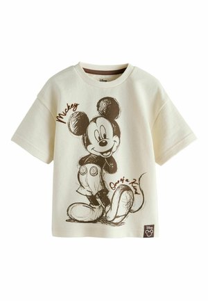 Cremefarbenes T-Shirt mit kurzen Ärmeln, Skizzenstil Mickey-Mouse-Grafik und Schriftzug „Mickey One of a Kind“ auf der Vorderseite, Disney-Branding am Saum.