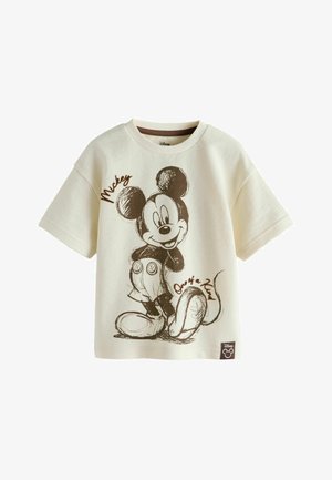 Kremowy t-shirt z krótkim rękawem z grafiką Myszki Miki w stylu szkicu i napisem "Mickey One of a Kind" z przodu, metka z logo Disneya na dole.