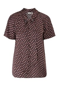 Schwarze Bluse mit kurzen Ärmeln, die ein blättermuster in Rot und Weiß aufweist, mit einem Kragen und einem lockeren Schnitt für mehr Tragekomfort.