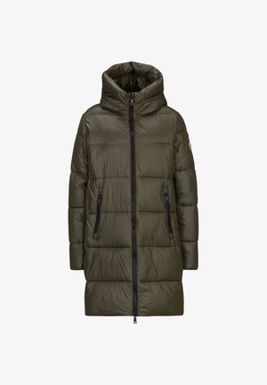 Olijfgroene pufferjas met capuchon, ritssluiting aan de voorkant en twee ritssluitingen aan de zijkanten. Voorzien van een doorgestikte textuur en een knielange pasvorm.