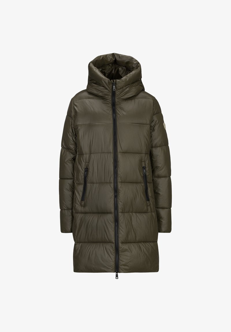 Olijfgroene pufferjas met capuchon, ritssluiting aan de voorkant en twee ritssluitingen aan de zijkanten. Voorzien van een doorgestikte textuur en een knielange pasvorm.
