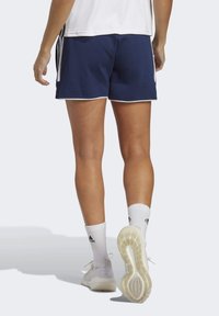 Marineblauwe sportshorts met witte biezen, met een licht uitlopende zoom. Draag ze met witte sokken en lichte schoenen. De achtergrond is egaal licht.