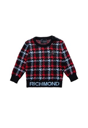 Maglione a maniche lunghe per bambino in maglia con motivo scozzese rosso, nero e blu, polsini neri e "RICHMOND" in blu sull'orlo frontale.