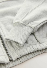 Sweatshirt gris clair avec des poignets et une ceinture côtelés, présentant une fermeture éclair intégrale à l'avant, fabriqué à partir d'un tissu doux et texturé.