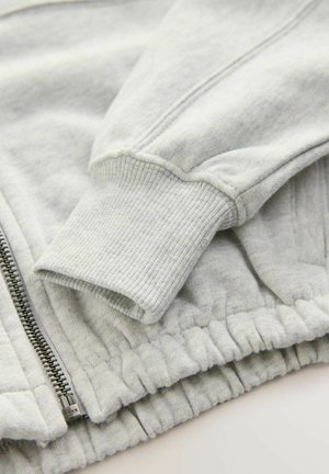 Hellgrauer Sweatshirt mit gerippten Bündchen und Saum, ausgestattet mit einem durchgehenden Reißverschluss an der Vorderseite, aus weichem, strukturiertem Stoff.
