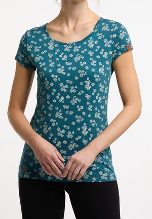 Smaragdgroene t-shirt met korte mouwen met een bloemenpatroon, voorzien van blauwe en gele bloemen. Zachte stof met een ronde halslijn en een klein logo-label aan de zoom.
