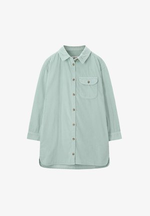 Lichtgroene corduroy hemd met een puntkraag, knoopsluiting aan de voorkant, één borstzak en lange mouwen met knoopmanchetten.