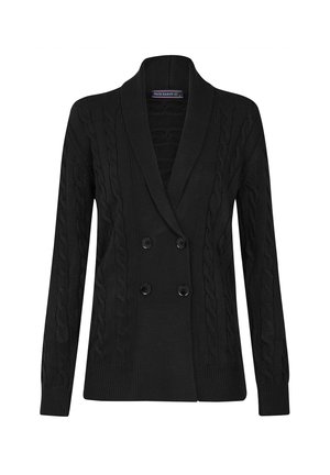 Sort strikket cardigan med kabelmønster, dobbeltbrystet design og store knapper. Har en sjalkrave og lange ærmer.
