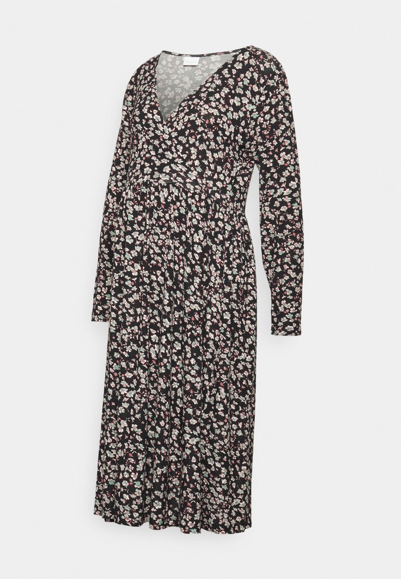 Vestuário de maternidade floral com decote em V, mangas longas e fundo preto com padrões de flores rosas e verdes. Tecido macio, até ao joelho.