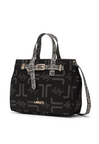 Borsa nera con motivo grigio a motivo, dotata di due manici e una tracolla rimovibile. Dettagli in metallo dorato sulle cinghie e sul logo.