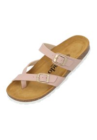 Pink leather sandal featuring two adjustable straps with gold buckles, a textured cork footbed, and a white rubber outsole.