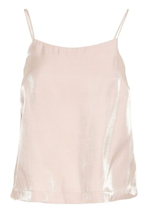 Light pink satin cami top with thin straps, smooth texture, and a slight sheen. Features a relaxed fit and straight hem.