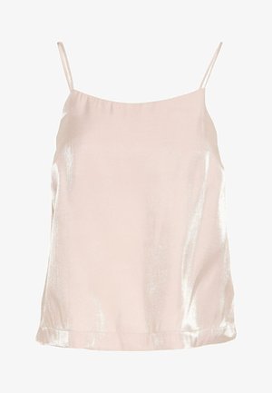 Gaiši rozā satīna topiņš ar plānām siksniņām, gludu tekstūru un vieglu spīdumu. Iezīmē atvieglotu piegriezumu un taisnu apakšmali.