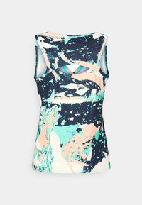 Canotta senza maniche a costine con un motivo astratto multicolore nei toni del blu navy, menta e pesca. Presenta un dettaglio con apertura a chiave sul retro.