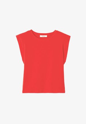 Haut rouge à manches courtes avec épaules larges et encolure ronde, étiquette "PROMOD" à l'intérieur du col.