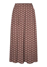 Bruine maxi rok met een bloemenpatroon in roze en crèmekleur, met een elastische tailleband en een vloeiende stijl. Zachte stoffen textuur.