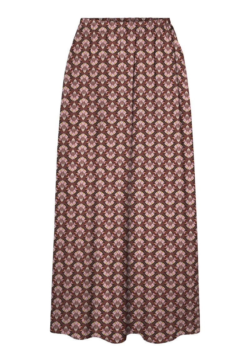 Bruine maxi rok met een bloemenpatroon in roze en crèmekleur, met een elastische tailleband en een vloeiende stijl. Zachte stoffen textuur.