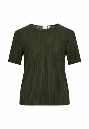 Mörkgrön topp med korta ärmar som har vertikala plisseringar, rund halsringning och en avslappnad passform. Tillverkad av lätt, texturerad tyg.