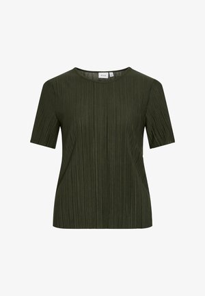 Top verde scuro a maniche corte con decorazioni verticali, scollatura rotonda e vestibilità comoda. Realizzato in tessuto leggero e testurizzato.