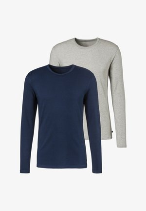 Two long-sleeve t-shirts: one navy blue and one light gray, made of soft cotton with a crew neckline and a fitted design.