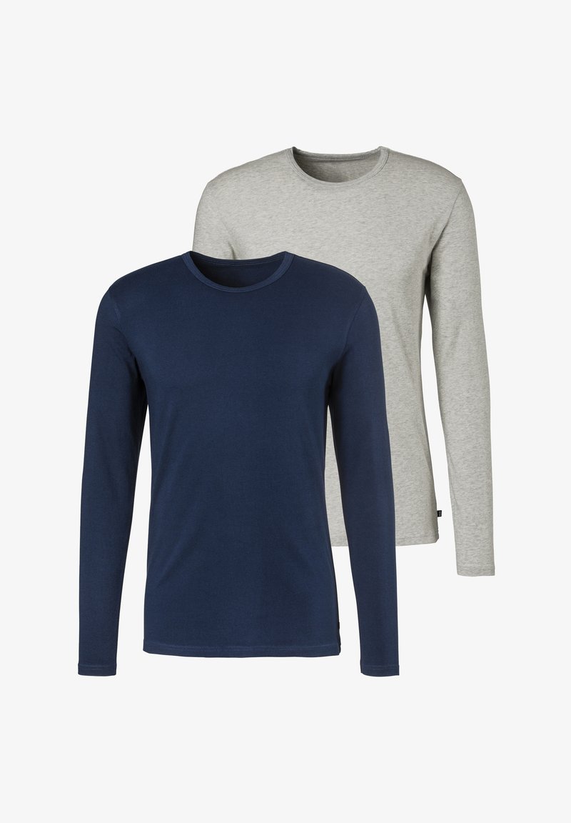 Two long-sleeve t-shirts: one navy blue and one light gray, made of soft cotton with a crew neckline and a fitted design.