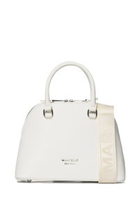 Borsa a mano in pelle bianca con parte superiore arrotondata, doppio manico e tracolla removibile con logo in rilievo. Chiusura a zip e superficie liscia.