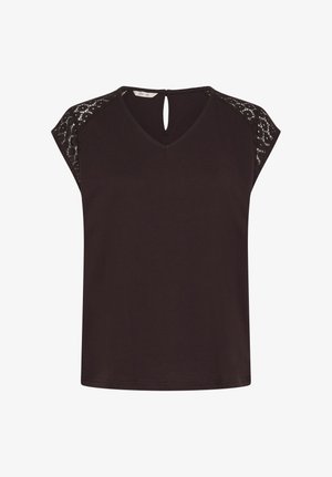 Bluza neagră cu mâneci scurte din dantelă la umeri, decolteu în V și închidere cu nasture tip cheie la spate.