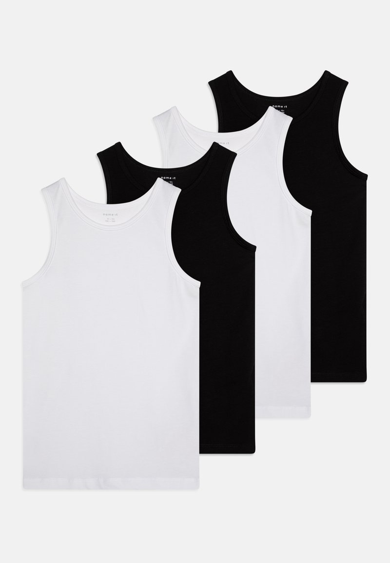 Četri topi komplektā, divi baltie un divi melnie. Izgatavoti no kokvilnas, ar apaļu kakla izgriezumu un bez piedurknēm, ar minimālām šuvēm.