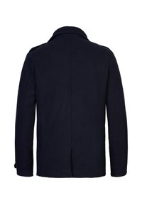 Cappotto di lana blu navy con colletto classico, maniche lunghe e design semplice. Caratterizzato da una texture liscia e senza chiusure visibili.