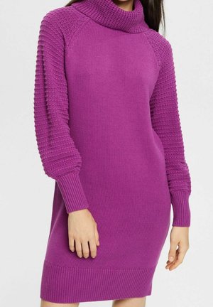 Woman wearing a purple knit turtleneck sweater dress with textured sleeves and ribbed cuffs and hem, standing against a plain background.