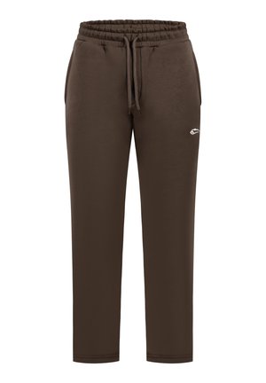 Braune Baumwoll-Jogginghose mit elastischem Bund und Kordelzug. Verfügt über seitliche Taschen und ein kleines gesticktes Logo am linken Bein.