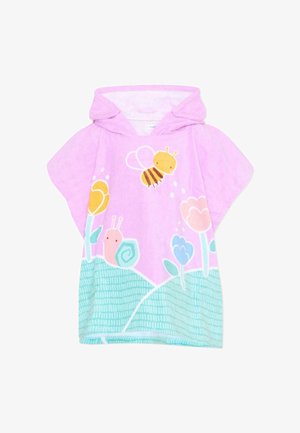 Serviette à capuche pour enfants rose ornée de motifs d'abeille, d'escargot et de fleurs colorées sur des collines bleues à motifs.