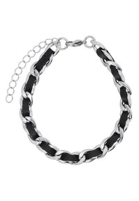 Silberne Metallkette mit schwarzen Lederverbindungen, ausgestattet mit einem Karabinerverschluss und einer verstellbaren Kettenverlängerung zur Größenanpassung.