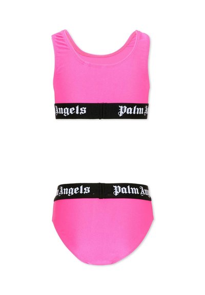 Maillot de bain deux pièces rose vif avec bandes élastiques noires comportant le texte blanc "Palm Angels" sur le haut et le bas.
