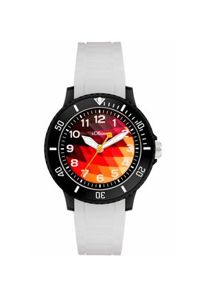Orologio con cinturino in silicone bianco, ghiera nera e quadrante con motivo geometrico rosso-arancione che mostra l'ora 10:11:37.