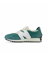 Teal and white sneaker with a suede and mesh upper, featuring a prominent white "N" logo, rubber outsole, and contrast stitching.