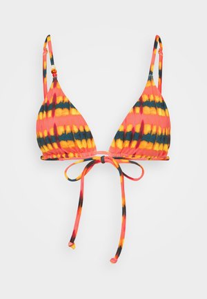 Triangle bikini top in tie-dye pattern featuring pink, yellow, and black colors. Adjustable straps and a tie closure at the back.